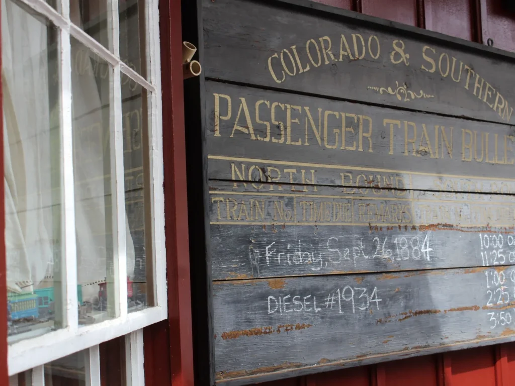 Historic Colorado and Southern Railway passenger train bulletin board at Georgetown Loop station