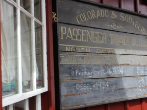 Historic Colorado and Southern Railway passenger train bulletin board at Georgetown Loop station