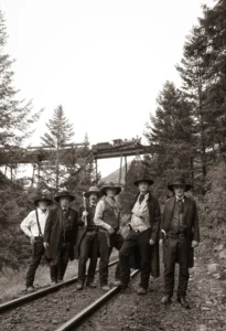 Sepia-toned photo of six outlaws in period Western costumes standing on the Georgetown Loop