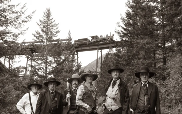 Sepia-toned photo of six outlaws in period Western costumes standing on the Georgetown Loop