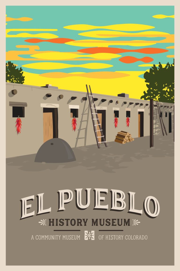 El Pueblo History Museum illustration depicting adobe-style building with chile ristras in Pueblo