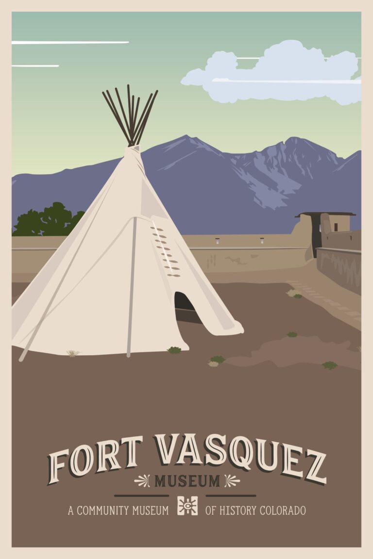 Fort Vasquez illustration featuring Native American teepee and historic adobe trading post near