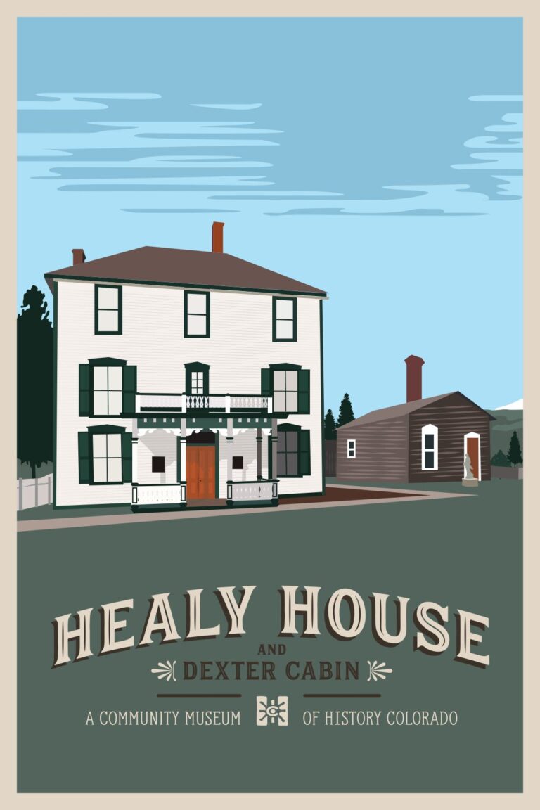 Healy House and Dexter Cabin illustration depicting historic Victorian home and log cabin in