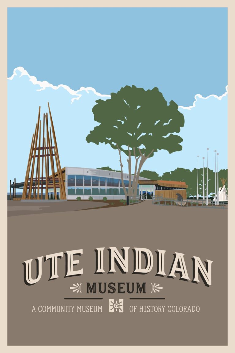 Ute Indian Museum illustration showing traditional teepee structure and museum building in Montrose